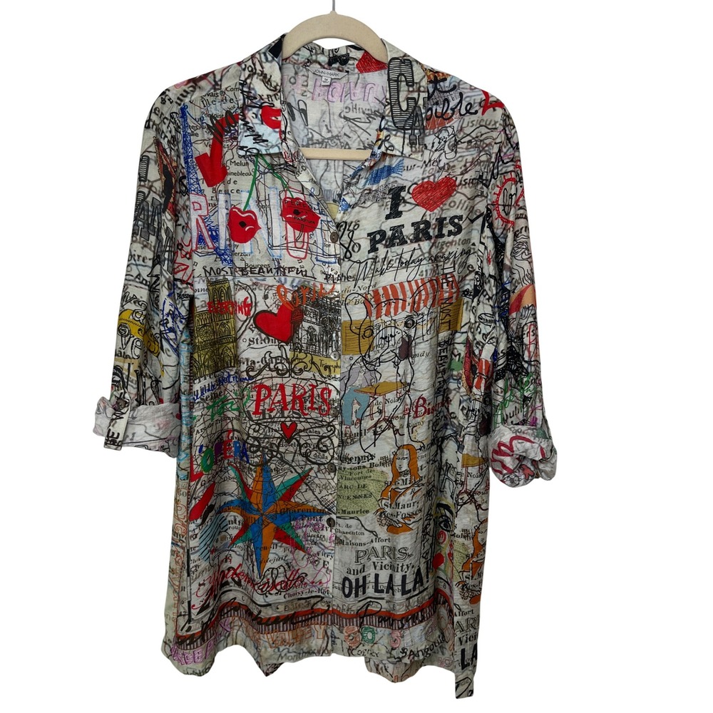 John Mark Paris Graffiti Map Print Button Down Shirt Tunic Plus Size 1X Novelty
